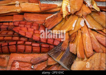 Various smoked fish products. Healthy eating and fish market concept Stock Photo