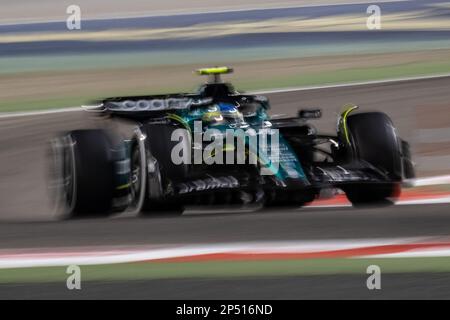 Sakhir, Bahrain. 05. March 2023. F1 World Championship 2023. Bahrain GP. #14, Fernando ALONSO, ESP, Aston Martin Formula 1 team, Aston Martin AMR23 Mercedes, 3rd in the race.MANAMA, BAHRAIN, Sakhir circuit, 5. March 2023: #14, Fernando ALONSO, ESP, Aston Martin Formula 1 team, Aston Martin AMR23 Mercedes during the Bahrain Formula One Grand Prix at the Bahrain International Circuit near Manama city in the town of Sakhir on March 05. 2023. Formula 1 - F1 Motorsport, fee liable image, photo and copyright © Cristiano BARNI/ ATP images (BARNI Cristiano /ATP/SPP) Stock Photo