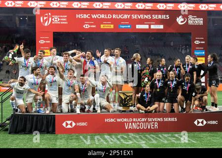 March 5, 2023, Vancouver, Vancouver/Canada, Canada: VANCOUVER, CANADA - MARCH 05: Argentina men's and New Zealand women's celebrate after winning the Gold Medal during the HSBC World Rugby Sevens Series 2023 at BC Place Stadium in Vancouver, Canada. (Credit Image: © Tomaz Jr/PX Imagens via ZUMA Press Wire) EDITORIAL USAGE ONLY! Not for Commercial USAGE! Stock Photo