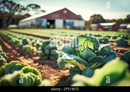 Agriculture landscape with organic cabbages growing on vegetable farm. Natural vegetables and greenery cultivation. Natural fruits and vegetables prod Stock Photo