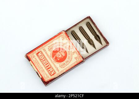 vintage box of waverley ink fountain pen nibs on white background Stock Photo