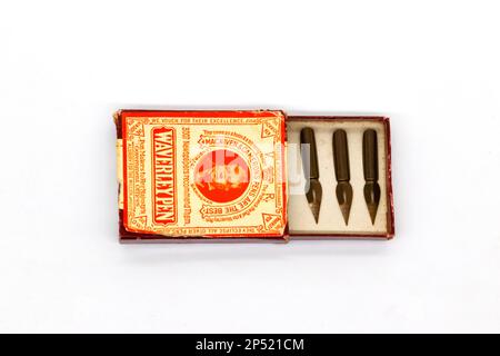 vintage box of waverley ink fountain pen nibs on white background Stock Photo