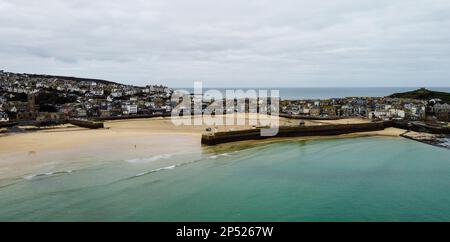 St. Ives, Cornwall, England February 5th 2023. View city on winter time from drone. Stock Photo