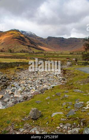 Beautiful landscape of Bowfell, looking up Mickleden Valley, near Great Langdale, Lake District National Park, Cumbria, United Kingdom (UK) Stock Photo