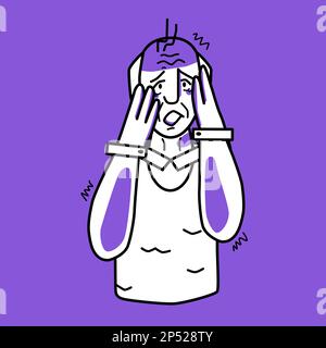 Frightened grandfather, emotion of fear, purple and white. Afraid half body elderly man line drawing, horror panic mood, dread, cover his face with ha Stock Vector