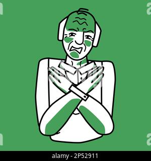 Elderly man with emotion of disgust, green and white. Disgusted half body grandfather line drawing. Old aged pensioner in a negative mood, no with his Stock Vector