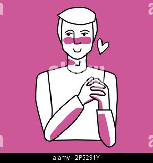 Adult male in love, holding his hands, pink and white. Line art, hand drawn sketch style illustration. Stock Vector