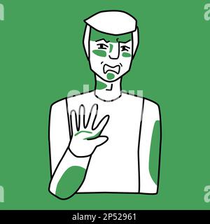 Adult male with emotion of disgust, green and white. Man with blond hair protects himself with his hand. Line art hand drawn sketch style design, half Stock Vector