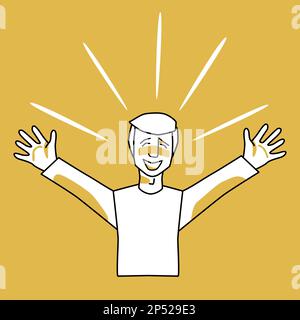 Happy man, emotion of happiness, orange and white. Joyful male character, line art, hand drawn sketch style vector. Stock Vector
