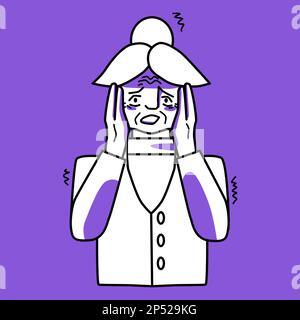 Old woman is afraid, purple and white. Fear and horror of the elderly lady character, line art, hand drawn sketch style vector. Stock Vector