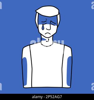 Sad white man, emotion of sorrow, blue and white. Melancholy of crying adult male, line art, half body hand drawn sketch style. Stock Vector