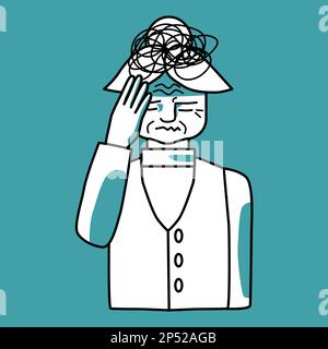 Stressed elderly woman character, mint and white, holding a hand on her head, closed her eyes. Stress mood, line art, half body hand drawn sketch styl Stock Vector