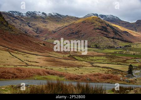 Beautiful panorama landscape of Bowfell, looking up Mickleden Valley, near Great Langdale, Lake District National Park, Cumbria, United Kingdom (UK) Stock Photo