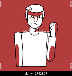Angry white man with blond hair threatens with a fist, red and white. Line art hand drawn sketch style design, half body vector illustration. Stock Vector