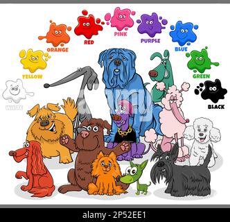 Educational cartoon illustration of basic colors with colorful dogs animal characters group Stock Vector