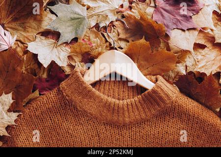Autumn concept - a brown knitted sweater on a wooden hanger lies on dry fallen autumn leaves, fragment, close-up Stock Photo