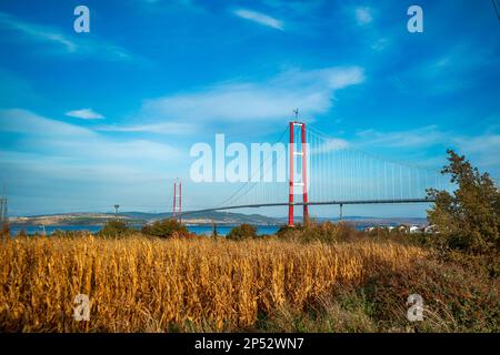The Canakkale 1915 Bridge in Canakkale, Turkey. One of the longest bridges in the world. Built over the Dardanelles Strait Stock Photo
