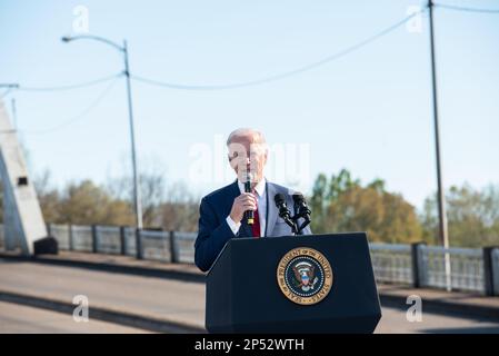 Selma, AL, USA. 5th Mar, 2023. United States President Joe Biden speaks to the crowd gathered to commemorate the 58th Anniversary of Bloody Sunday on March 5th, 2023 in Selma, Alabama. Credit: Andi Rice/Cnp/Media Punch/Alamy Live News Stock Photo