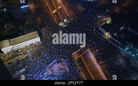 Aerial view of Israelis gathering during a mass demonstration which drew about 160,000 people against Israel's new government judicial system plan that aims to weaken the country's Supreme Court on March 4, 2023 in Tel Aviv, Israel. Stock Photo