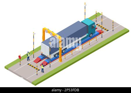 Isometric X-ray truck scanner. Mobile x-ray scanning system is used against smuggling. Customs control on border checkpoint. Stock Vector