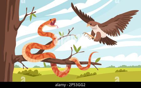 Cartoon snake nature. Eagle attacks snake on tree branch, natural habitat, suitable living conditions, venomous reptile, isolated flat characters Stock Vector
