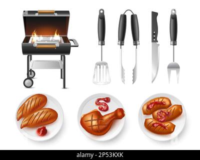 Realistic barbecue grill elements. Outdoor cooking device, smoldering coals, special metal tools, meat cooked on fire, chicken and sausages with Stock Vector