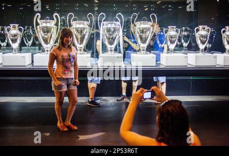 Showcase European Cups. Real Madrid Museum. Santiago Bernabeu Stadium. Madrid. Spain. Stock Photo