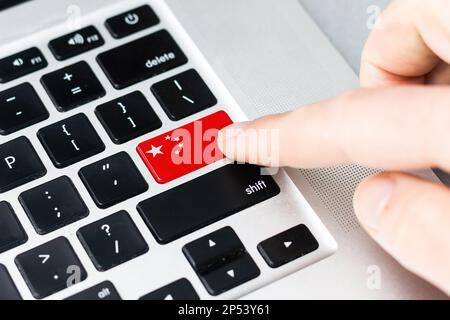 Online International Business concept: Computer key with the China flag on it. Male hand pressing computer key with China flag Stock Photo