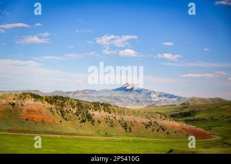 A curving road between green rolling hills and mountains in the background along Chief Joseph highway in a sunny summer Wyoming landscape Stock Photo