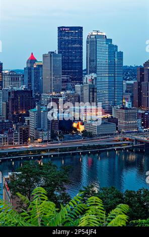 6 Towers at Dusk: Red-lit Gulf Tower, green-roofed Koppers Bldg, Citizens Bank Tower, U.S. Steel Tower (UPMC), BNY Mellon Center, One Oxford Centre. Stock Photo