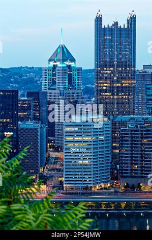 Diamond-grid United Steelworkers Building and white concrete Dollar Bank HQ, in front of pyramid-top Fifth Avenue Place, gothic-in-glass PPG Place. Stock Photo