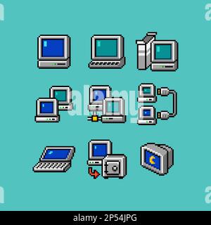 Retro computer interface elements set. Old PC UI icon assets for computer. Display, network, windows, laptop, application program install, storage Stock Vector