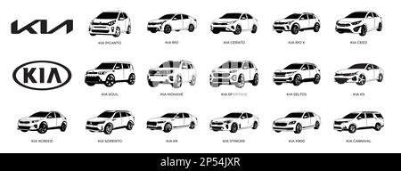 Vector silhouettes of Kia brand cars, sale and repair Stock Vector