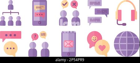 Communications icons collection in flat style. Simple flat design of communication, chatting and conversation in light purple, yellow and orange color Stock Vector