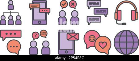 Conversation and connection icons collection. Simple outline persons and speech bubles in purple, pink and orange colors. Chatting, discussion and com Stock Vector