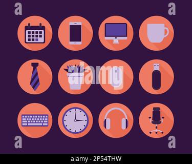 Work flat icon set in purple and orange colors. Office icon collection. Business and home office attributes. Vector illustration Stock Vector