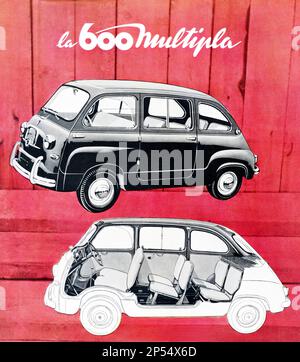 1956 , Italy : The italian car industry FIAT ( F.I.A.T. frabbrica Italiana Automobili Torino ) advertising for the new successfull model 600 Multipla FIAT  - GIANNI AGNELLI - automobile - automobili - cars - anni 50 - '50 - 50's  - industria - pubblicità ----  Archivio GBB Stock Photo