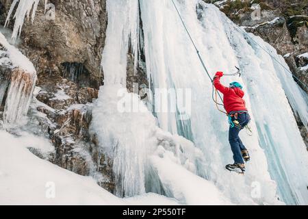 Ice climber dressed in warm winter climbing clothes, safety harness and helmet climbing frozen waterfall using two Ice climbing axes and crampons. Act Stock Photo