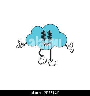 Colorful minimalistic rainbow with cloud. Retro, psychedelic clip art. Hippie groovy illustration in flat style. 60's, 70's concept for card, sticker, Stock Vector