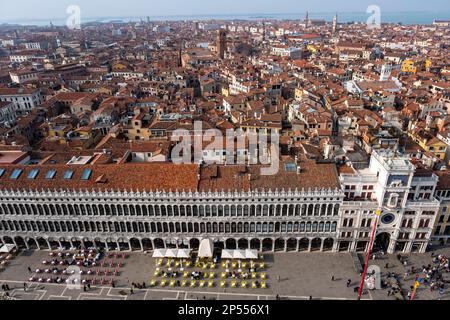 View looking north over the rooftops of Venice from The Campanile di San Marco. Stock Photo