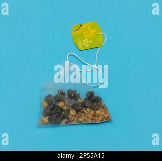 Pyramid tea bag of green jasmine pearls isolated on blue background Stock Photo