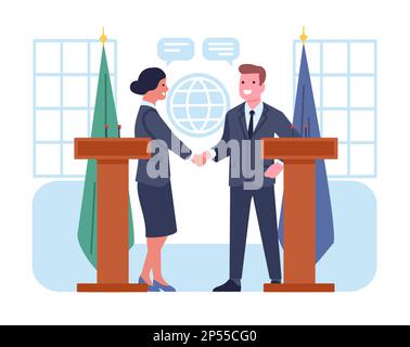 Diplomats meet for international negotiations and agreement signing. Man and woman at tribunes shaking hands. Political deal. World diplomacy Stock Vector
