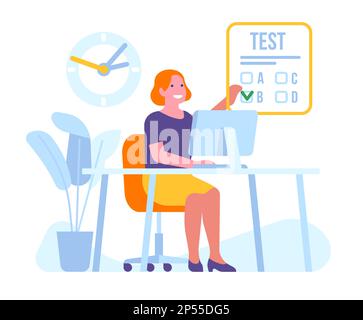 Girl chooses right answer in test. Online survey. Woman sitting at table. Web examination. Female solving quiz by computer. Internet questionnaire Stock Vector