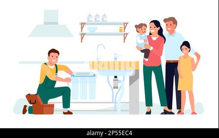 Employee is installing water filter in house for family. Aqua purification. Plumber repairs sewage in kitchen. Cleaning equipment. Happy parents and Stock Vector
