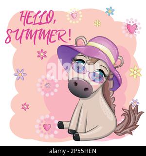 Nice horse, pony in flower wreath, hat, guitar, hula dancer from Hawaii. Summer card for the festival, travel banner. Stock Vector