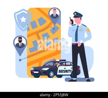 Surveillance and security for client or facility to ensure safety. Policeman with radio. Police car. Monitoring technology. Mobile map app. GPS Stock Vector