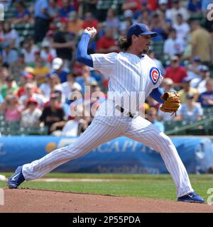 Chicago Cubs starting pitcher Jeff Samardzija delivers during the first  inning of the Wrigley Field 100th anniversary game against the Arizona  Diamondbacks at Wrigley Field on April 23, 2014 in Chicago. The