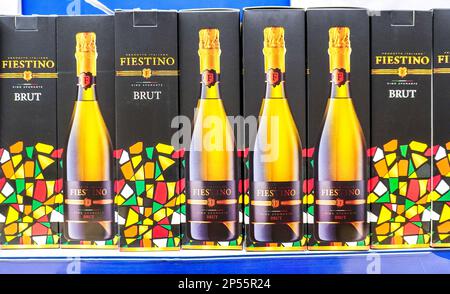 Samara, Russia - March 2, 2023: Bottled alcoholic sparkling beverages Fiestino brut ready for sale in a superstore. Various bottled alcoholic beverage Stock Photo