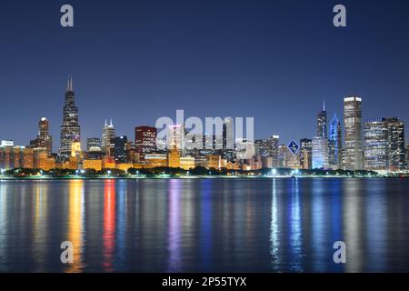 Chicago, Illinois, USA downtown skyline from Lake Michigan at dusk. Stock Photo