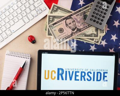 In this photo illustration, University of California, Riverside (UCR)  logo seen displayed on a tablet. Stock Photo